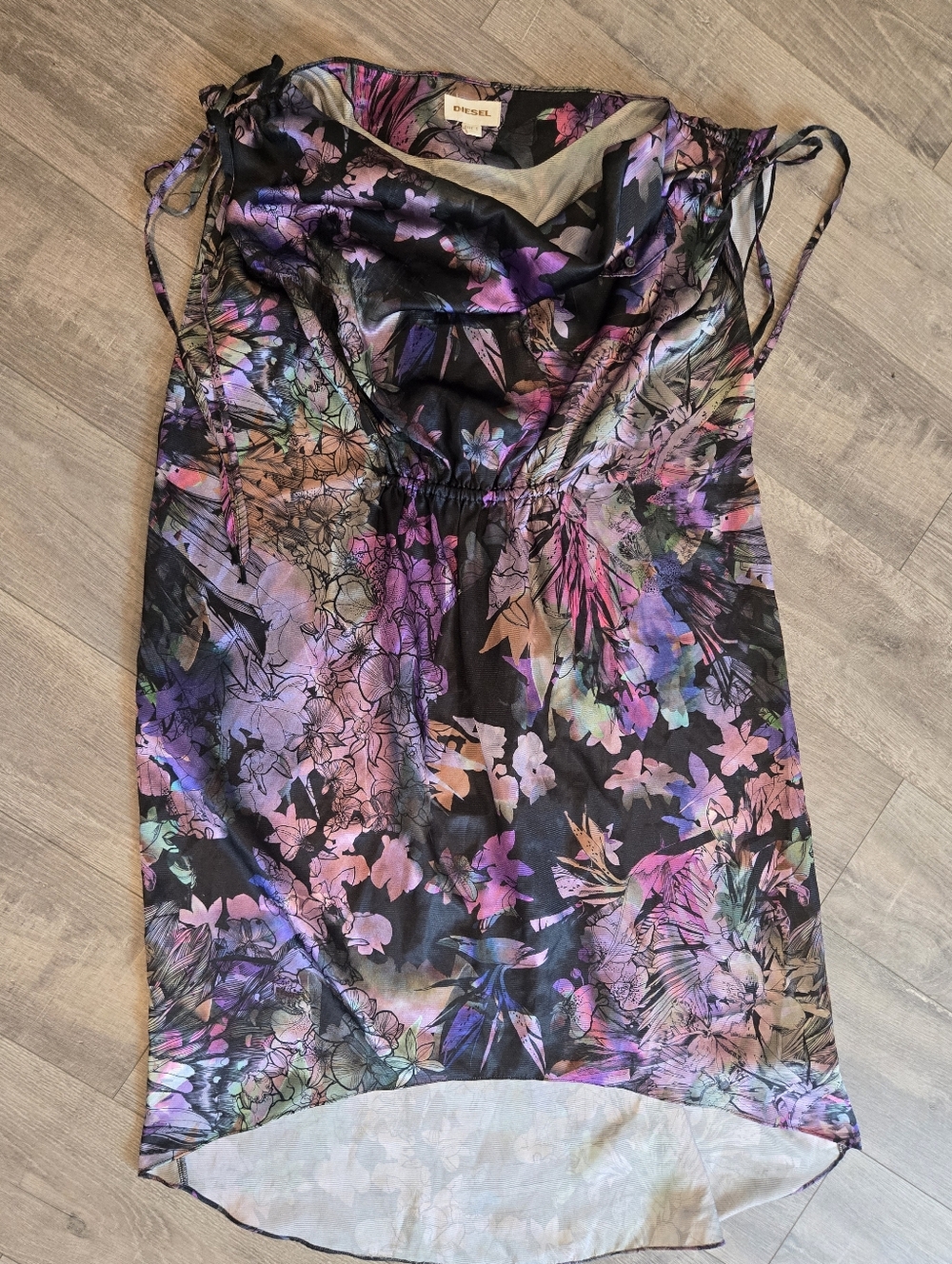 Diesel Floral Shimmery Purple Abstract Boho Grunge Tunic Oversized Flowy, Small